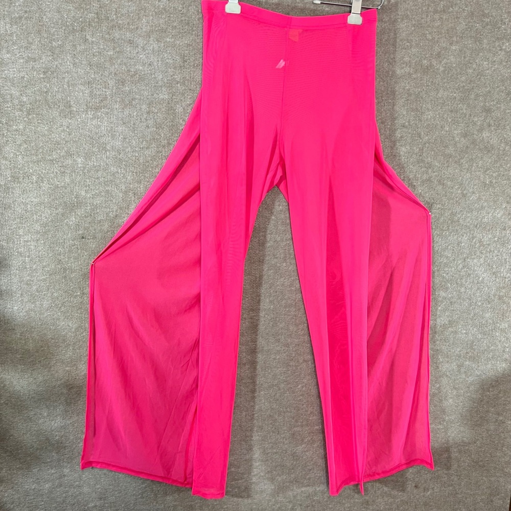 Daisy Sheer Mesh Pants Women L Neon Pink Wide Leg High Side Slit Festival Beach